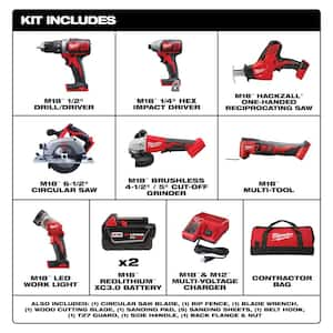 M18 18V Lith-Ion Cordless Combo Kit 7-Tool w/2-Batteries, Charger & SHOCKWAVE Screw Driver Bit Set (100-Piece)