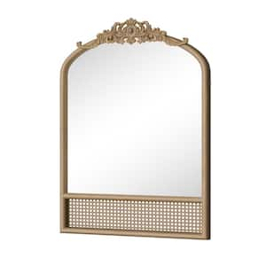 Brown 24 in. W x 35 in. H Solid Wood Carved Rattan Braided Right-Angle Slightly Arched Wall Mirror