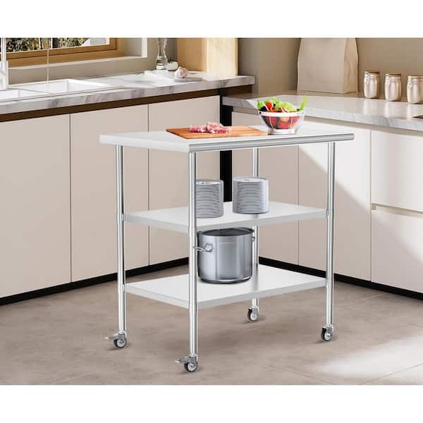 Stainless Steel Table with Wheel Caster, Metal Food Prep Work Table with 2 Adjustable Undershelves for Kitchen-Silver