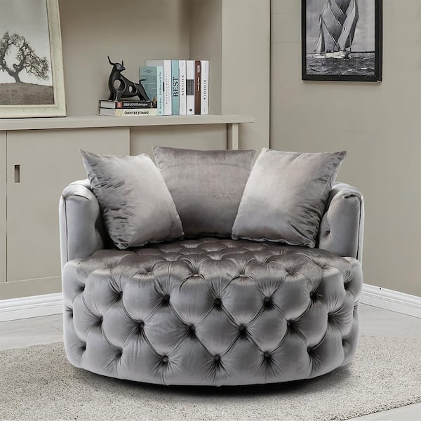 HOMEFUN Sliver Gray Swivel Upholstered Barrel Living Room Chair With Tufted Cushions