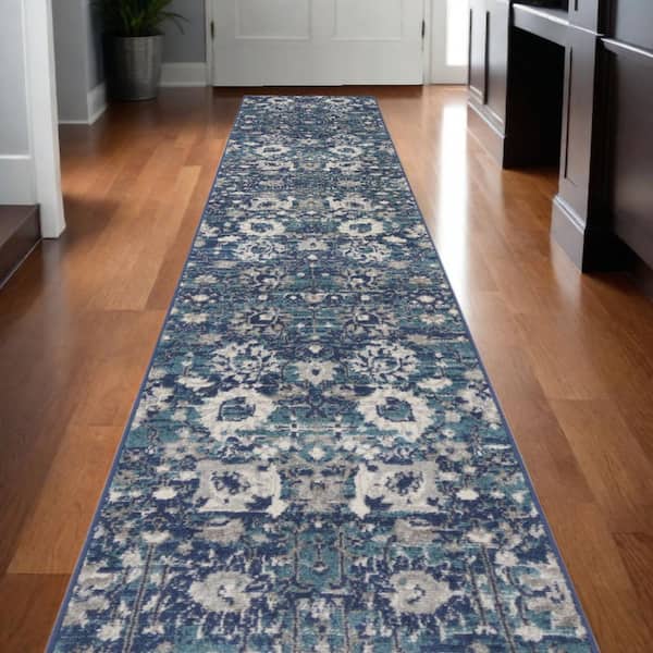2 X 10 Blue Floral Washable Area Rug Runner Rug