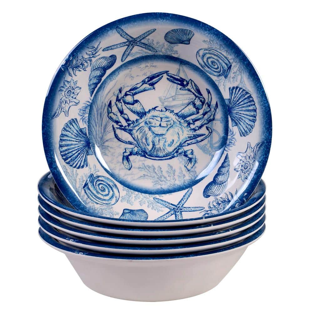 Oceanic Blue and White Melamine All-Purpose Bowls, Set of 6