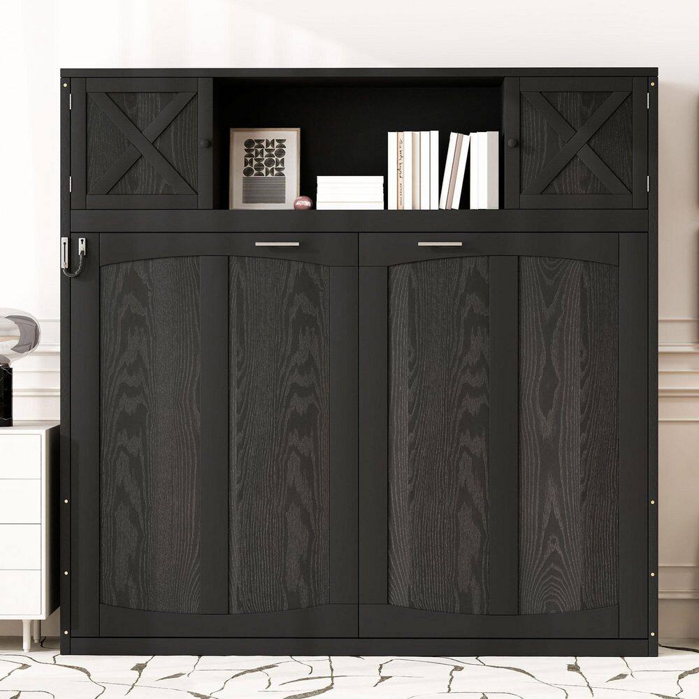 Rustic Black Solid Wood Frame Queen Size Murphy Bed with Storage Cabinets - thumbnail 10