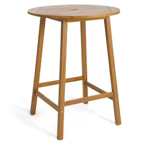 31.5 in. Patio Round Bar Table Acacia Wood with Umbrella Hole Indoors Outdoors Natural