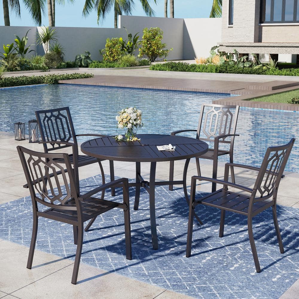 Black 5-Piece Metal with Round Table Patio Dining Set and Fashion Stackable Chair -  PHI VILLA, THD5-409-096