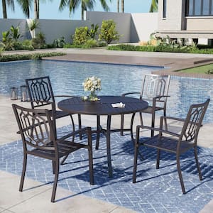 Black 5-Piece Metal with Round Table Patio Dining Set and Fashion Stackable Chair