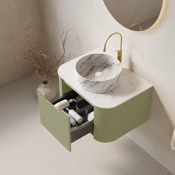 Baye 24 in. W Floating Light Green Bath Vanity with White Textures Ceramic Sink and Engineered Marble Top Unassembled