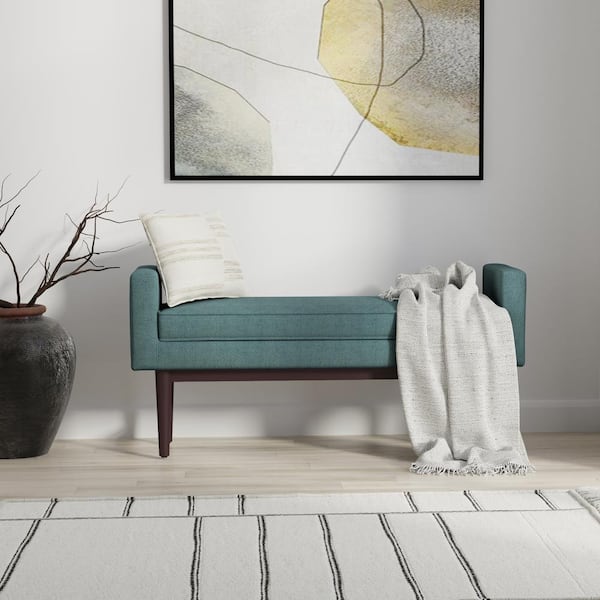 Simpli Home Scott 46 in. Wide Contemporary Rectangle Ottoman Bench in Smoky Teal Linen Fabric, Assembled