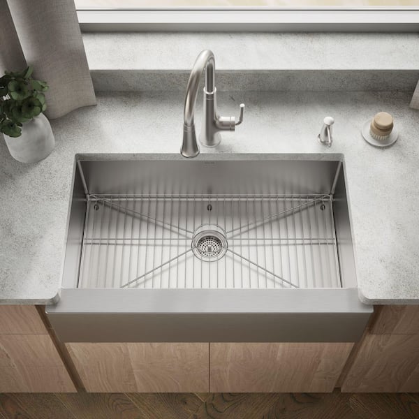 Strive Undermount Farmhouse Apron Front Stainless Steel 36 in. Single Basin Kitchen Sink with Basin Rack