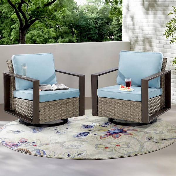 JOYSIDE 2-Pack Wicker Patio Outdoor Rocking Chair Swivel Lounge Chair with Baby Blue Cushions