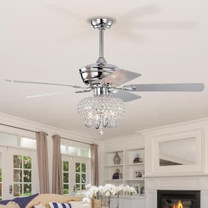 52 in. Indoor Chrome Crystal Modern Ceiling Fan with Remote Control, 5 Reversible Blades and AC motor, no Bulb