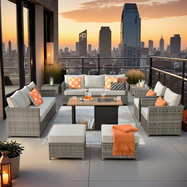 Toject Eufaula Gray 13-Piece Wicker Outdoor Patio Conversation Sofa Set with a Storage Fire Pit and Coarse Beige Cushions