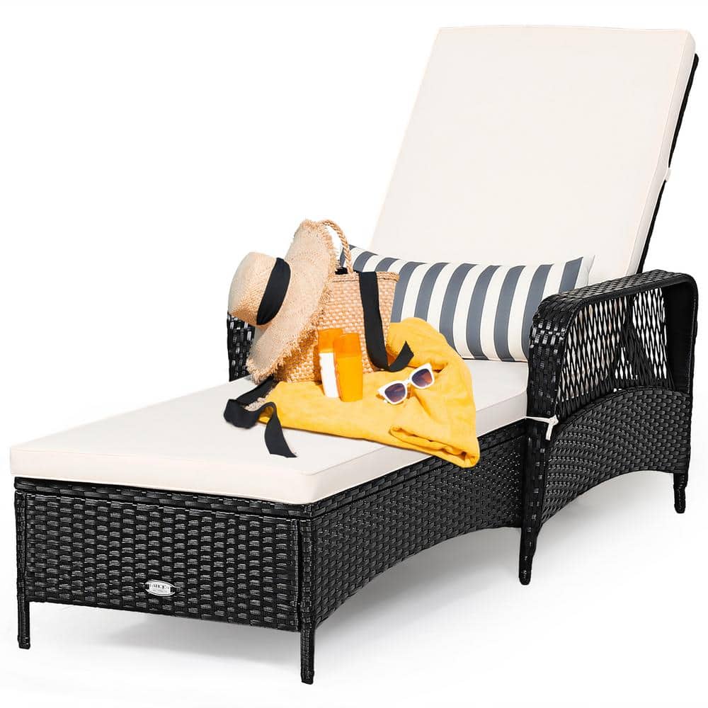 Black Steel Frame Adjustable Chaise Lounge with Off-White Cushions