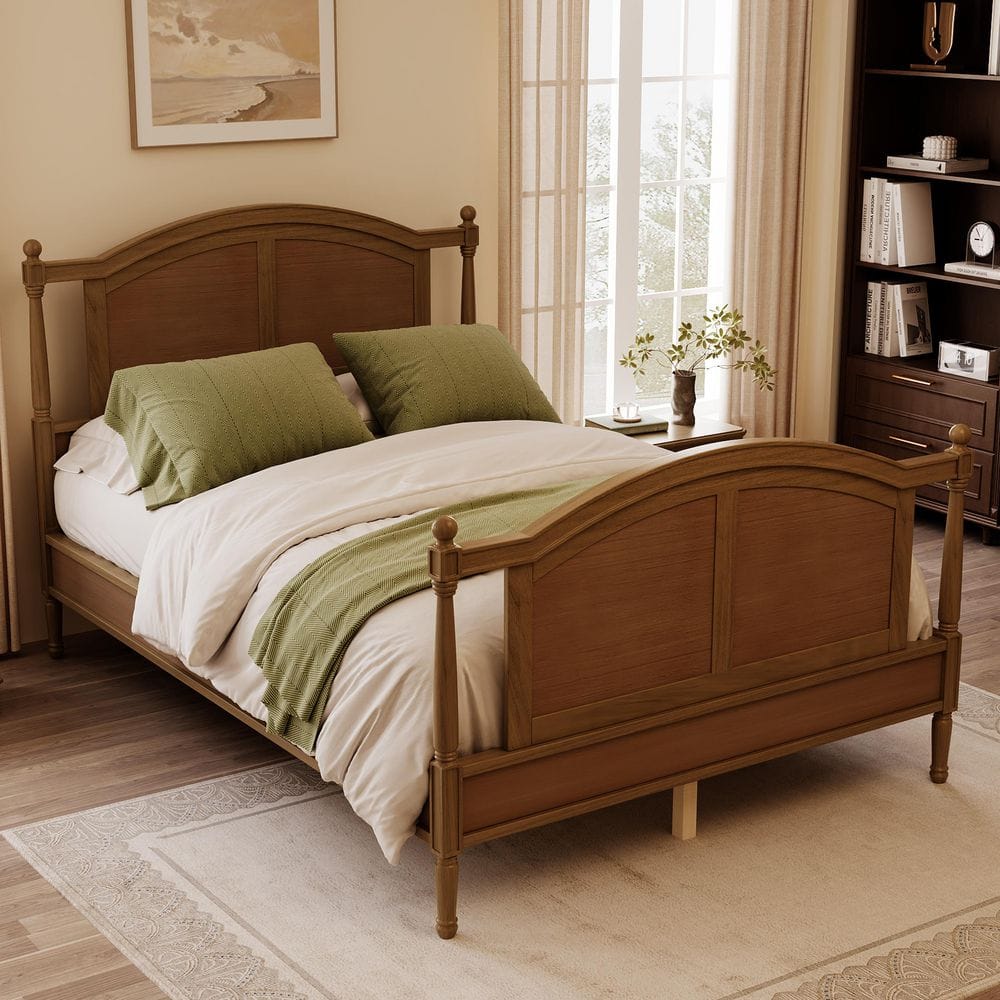 Traditional Walnut Brown Wooden Frame Full Size Platform Bed with Arched Headboard and Footboard