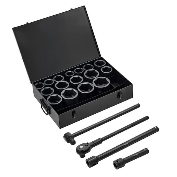 1 in. Drive Impact Socket Set, with 8 in. & 18 in. Extension Bars, 21 Piece, 6 Point Shallow Impact Sockets