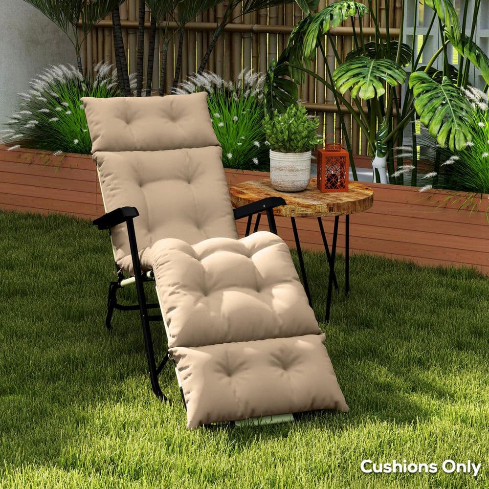 Beige Tufted Outdoor Chaise Lounge Cushion with Ties