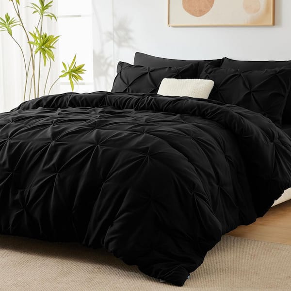 Angel Sar Black Pintuck King 7 Pieces Microfiber Comforter Set with Comforter, Flat Sheet, Fitted Sheet and Pillowcases and Shams