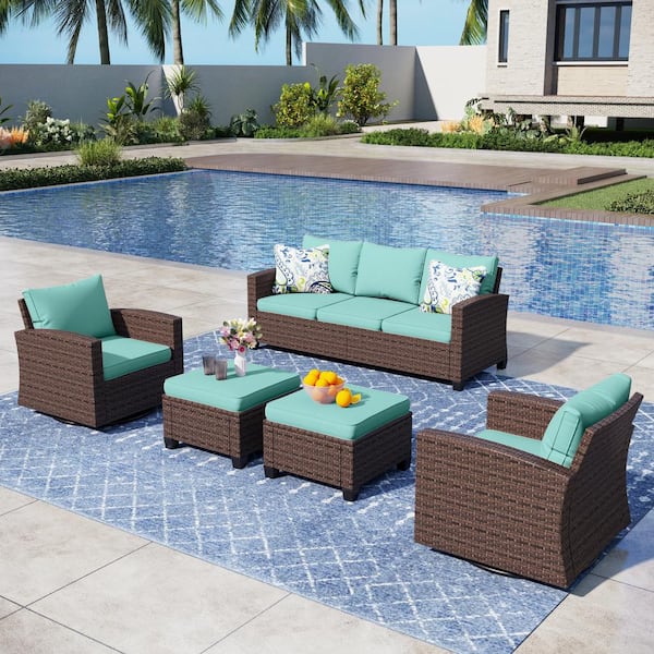 PHI VILLA Brown Rattan Wicker 7 Seat 5-Piece Steel Outdoor Patio Conversation Set with Blue Cushions,2 Swivel Chairs,2 Ottomans