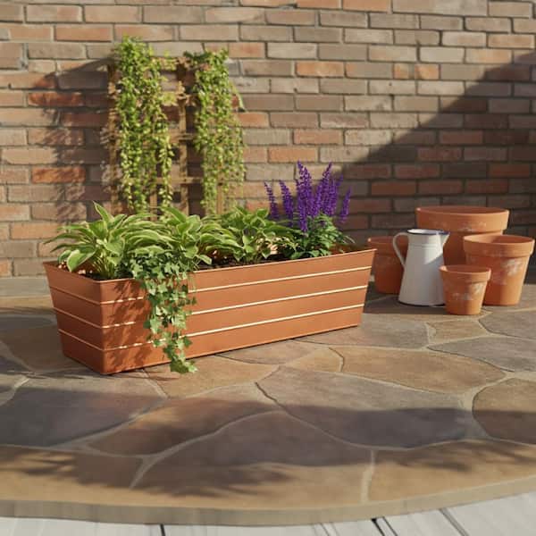 Benjara 11.5 in. L x 35.5 in. W x 9.3 in. H Rectangular Copper Metal Flower Planter Box with Embossed Line Design