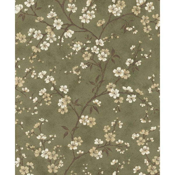 rasch Tsubomi Olive Green Cherry Blossom Wallpaper Sample