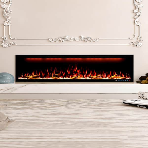 Black 74 in. 400 Sq. Ft. Wall Mounted Electric Fireplace with Remote Control and Multi-Color Flame