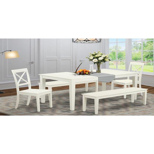East West Furniture 5-Piece Rectangle Linen White Finish Solid Wood Top Dining Table with 2 Benches, 2 Chairs with Lattice Back