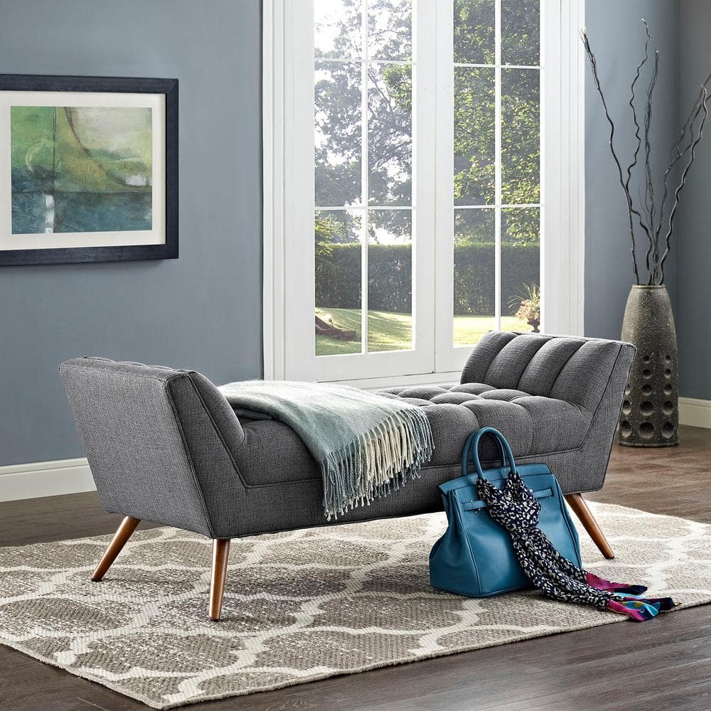 Energize Your Space Gray Tufted Upholstered Bench with Beech Wood Legs