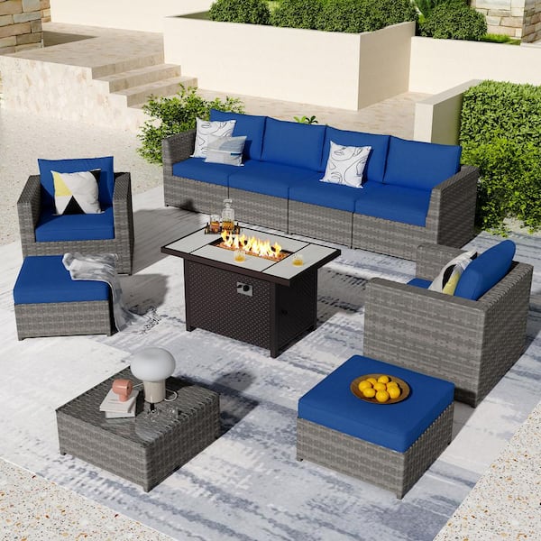 XIZZI Ontario Lake Gray 10-Piece Wicker Outdoor Patio Rectangular Fire Pit Sectional Sofa Set with Navy Blue Cushions