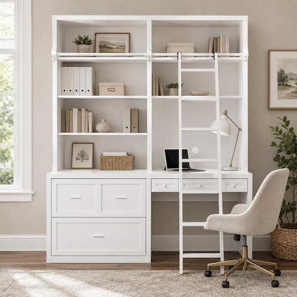 86.6 in. Tall White Wood 6-Shelf Study Bookcase with Writing Desk, Computer Desk, Auxiliary Ladder & 6 Drawers