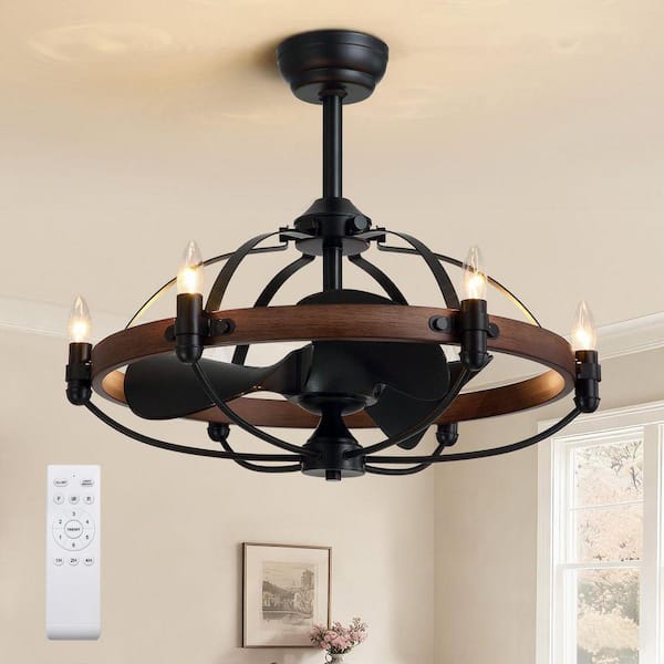 27 in. Farmhouse Downrod Mount Indoor Walnut Finish Black Caged Fandelier Ceiling Fan with 6-Light Candelabra and Remote