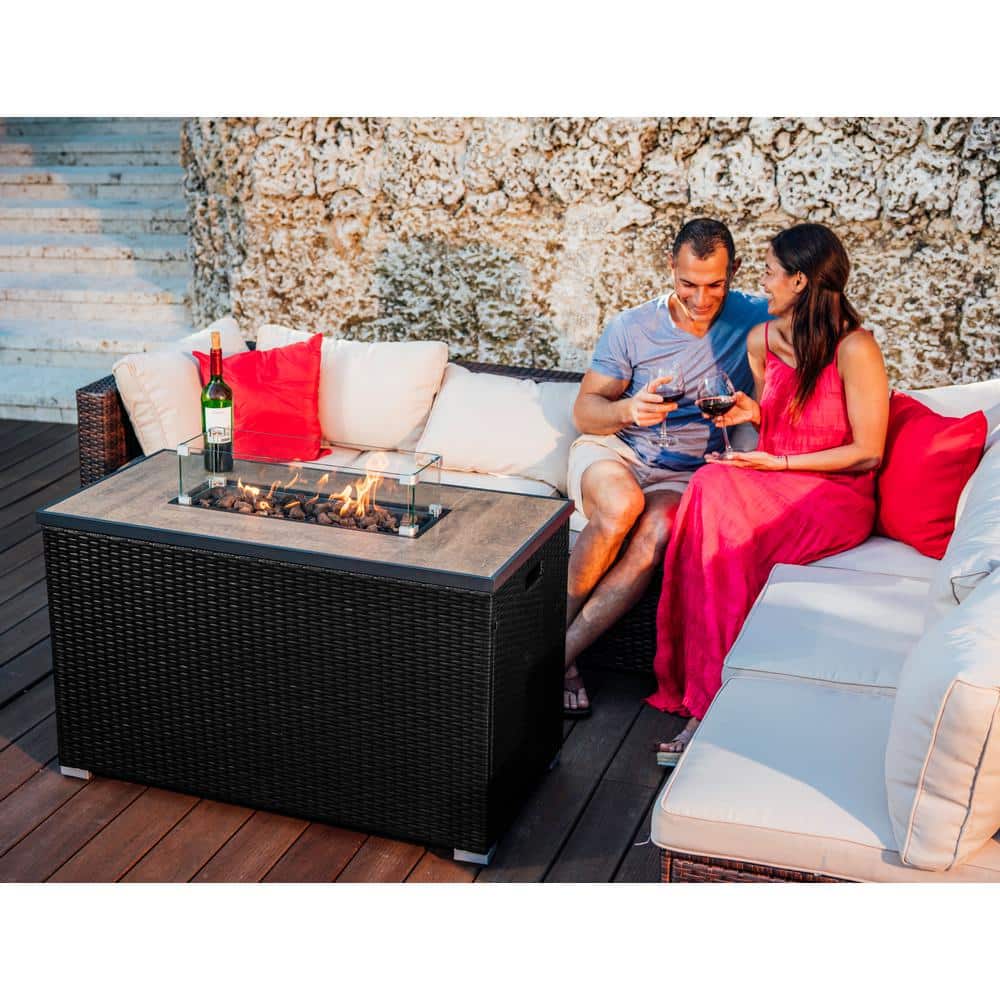 Nestl 43" Black Gas Fire Pit Table with Glass Shield