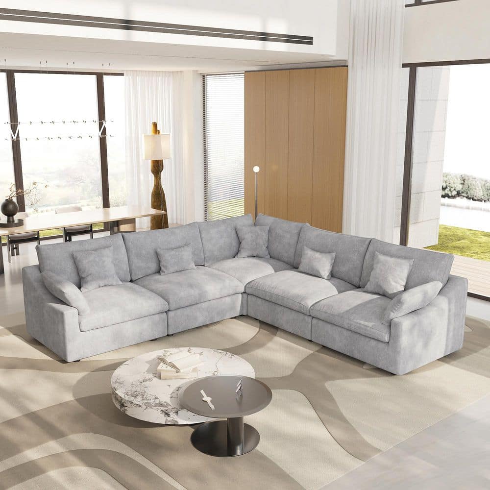 118.11 in. Slope Arm 6-Piece Deep Seat Down Linen Flexible Modular Sectional Sofa with Ottoman, Removable Cover in Gray
