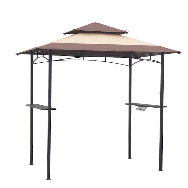 maocao hoom 5 ft. X 8 ft Beige Metal Patio Grill Gazebo with Hook and Bar Counters