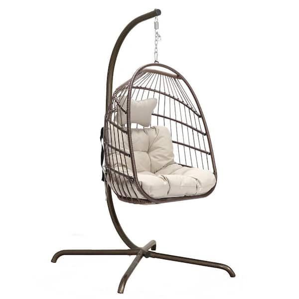 Outdoor Foldable Brown Wicker Egg Porch Swing Chair with Steel Stand and Beige Cushion for Patio