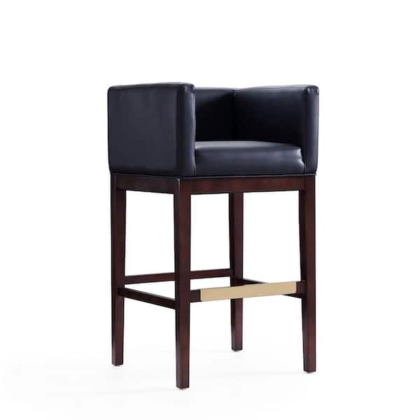 Manhattan Comfort Kingsley 30 in. Black and Dark Walnut Beech Wood Bar Stool with Faux Leather Upholstered Seat