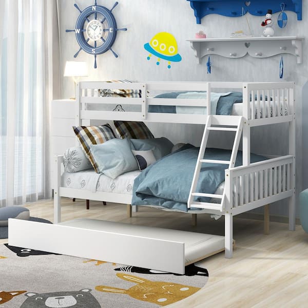 Polibi Twin over Full Bunk Bed with Trundle, Convertible into 2 Beds, the Bunk Bed with Ladder and Safety Ralls, White
