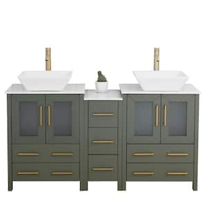 60 in. W Double Basin Vintage Green Bath Vanity with White Engineered Marble Top and Mirror