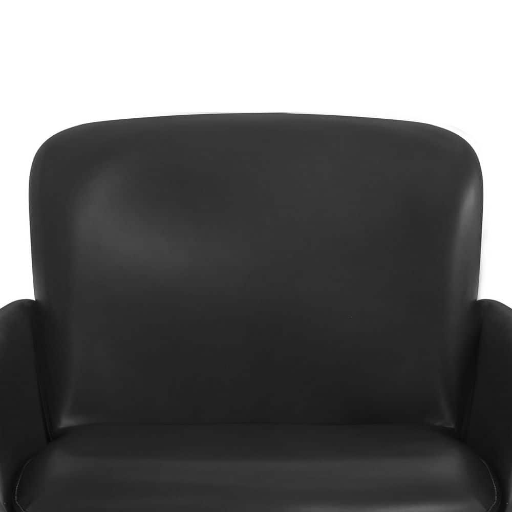 Close-up of the backrest and seat of a black faux leather bar stool.