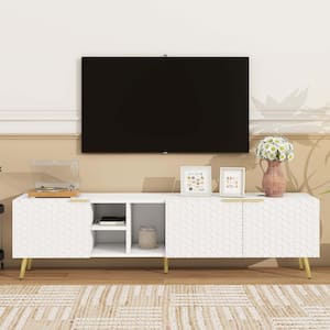 Modern White/Gold TV Stand Fits TV's Up to 80 in. with Metal Handles and Gold Legs, Storage Cabinets