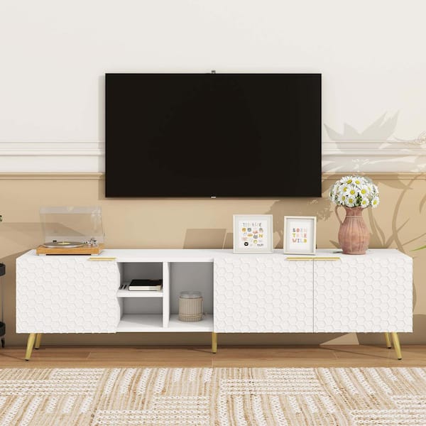 Polibi Modern White/Gold TV Stand Fits TV's Up to 80 in. with Metal Handles and Gold Legs, Storage Cabinets