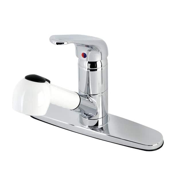 Kingston Brass Single-Handle Deck Mount Pull Out Sprayer Kitchen Faucet with Deck Plate Included in Polished Chrome/White