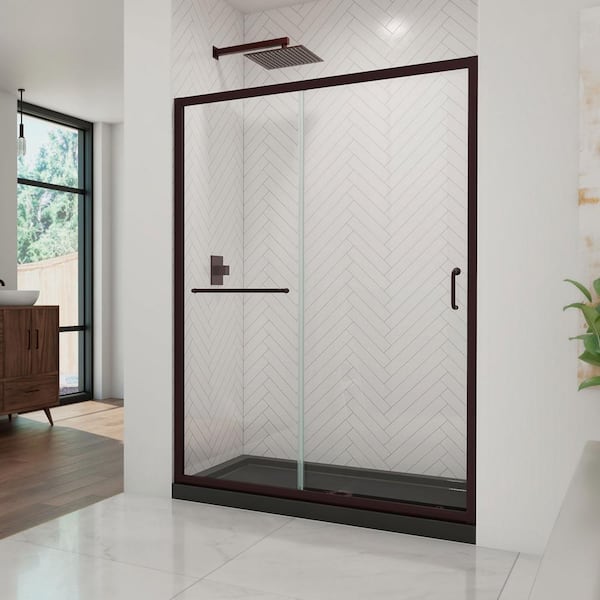 DreamLine 32 in. L x 54 in. W x 76 3/4 in. H Alcove Shower Kit with Sliding Semi-Frameless Shower Door in Bronze and CB Shower Pan
