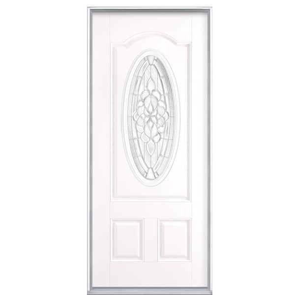 Masonite 36 in. x 80 in. Oakville Three Quarter Oval Lite Left Hand Finished Smooth Fiberglass Prehung Front Door No Brickmold