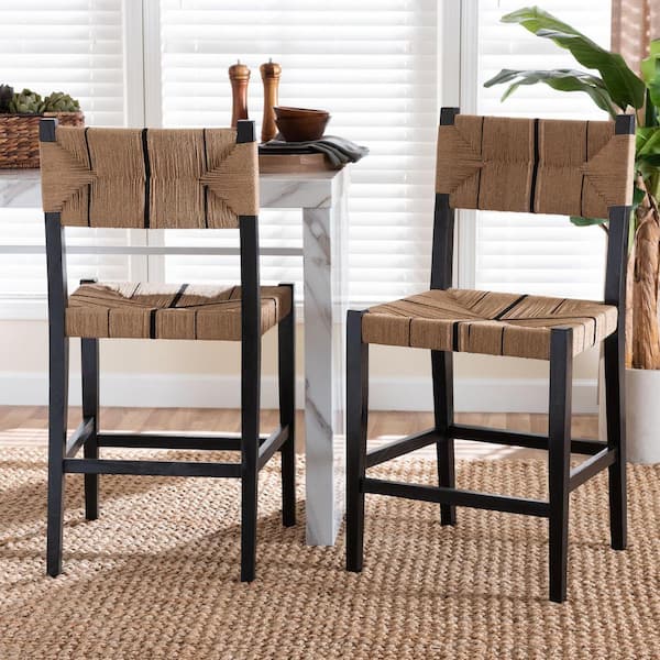Prita 25 in. Black Wood Counter Stool with Woven Seat (Set of 2)