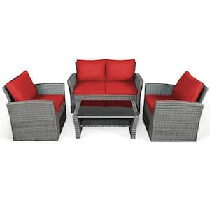 4-Piece PE Wicker Outdoor Sofa Set Patio Conversation Set with Red Cushions