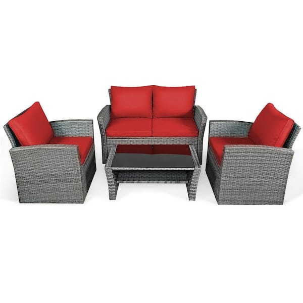 ANGELES HOME 4-Piece PE Wicker Outdoor Sofa Set Patio Conversation Set with Red Cushions