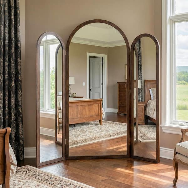 Charcoal Brown 66.5 in. W x 71 in. H Arched Wooden 3-Panel Framed Floor Mirror Standing Mirror