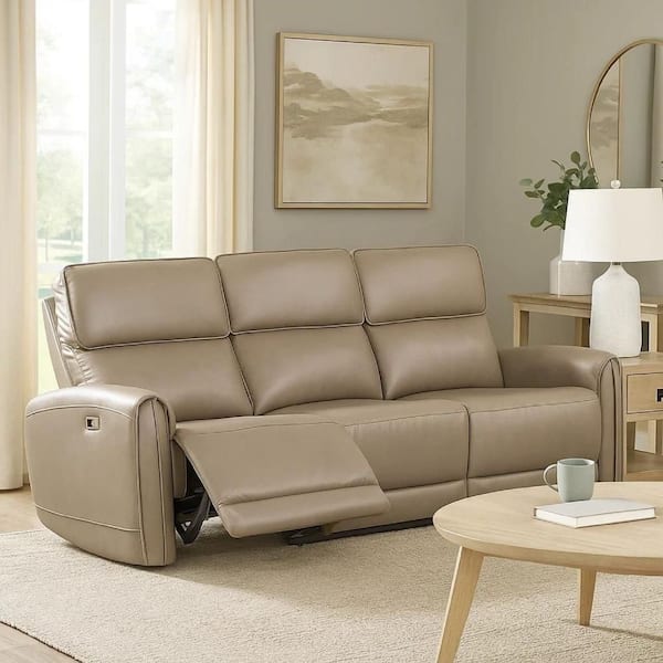 Sily 27 in. Round Arm Faux Leather Rectangle Power Reclining Sofa Beige