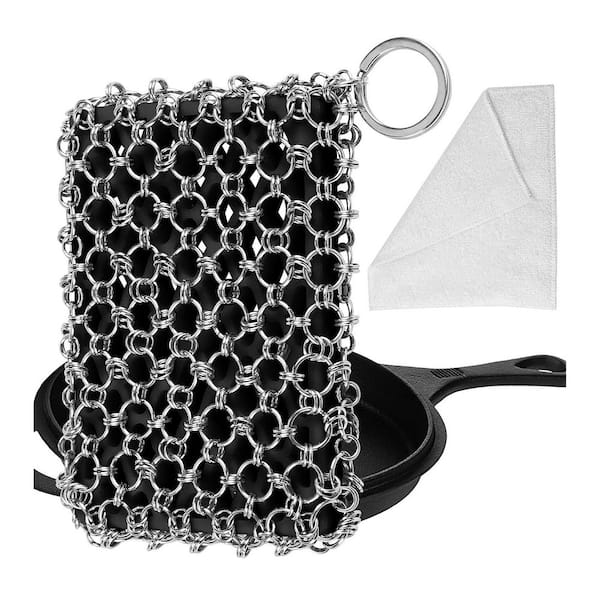 Large Chainmail Cast Iron Scrubber Metal Cleaner Silicone Core Quick Drying for Skillet Pan Wok Dutch Oven Kit