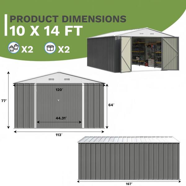 Patiowell 10 ft. W x 14 ft. D Outdoor Storage Metal Shed with